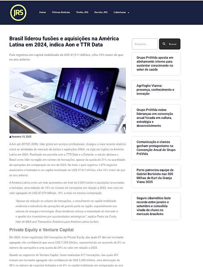 Brasil liderou fus�es e aquisi��es na Am�rica Latina em 2024, indica Aon e TTR Data